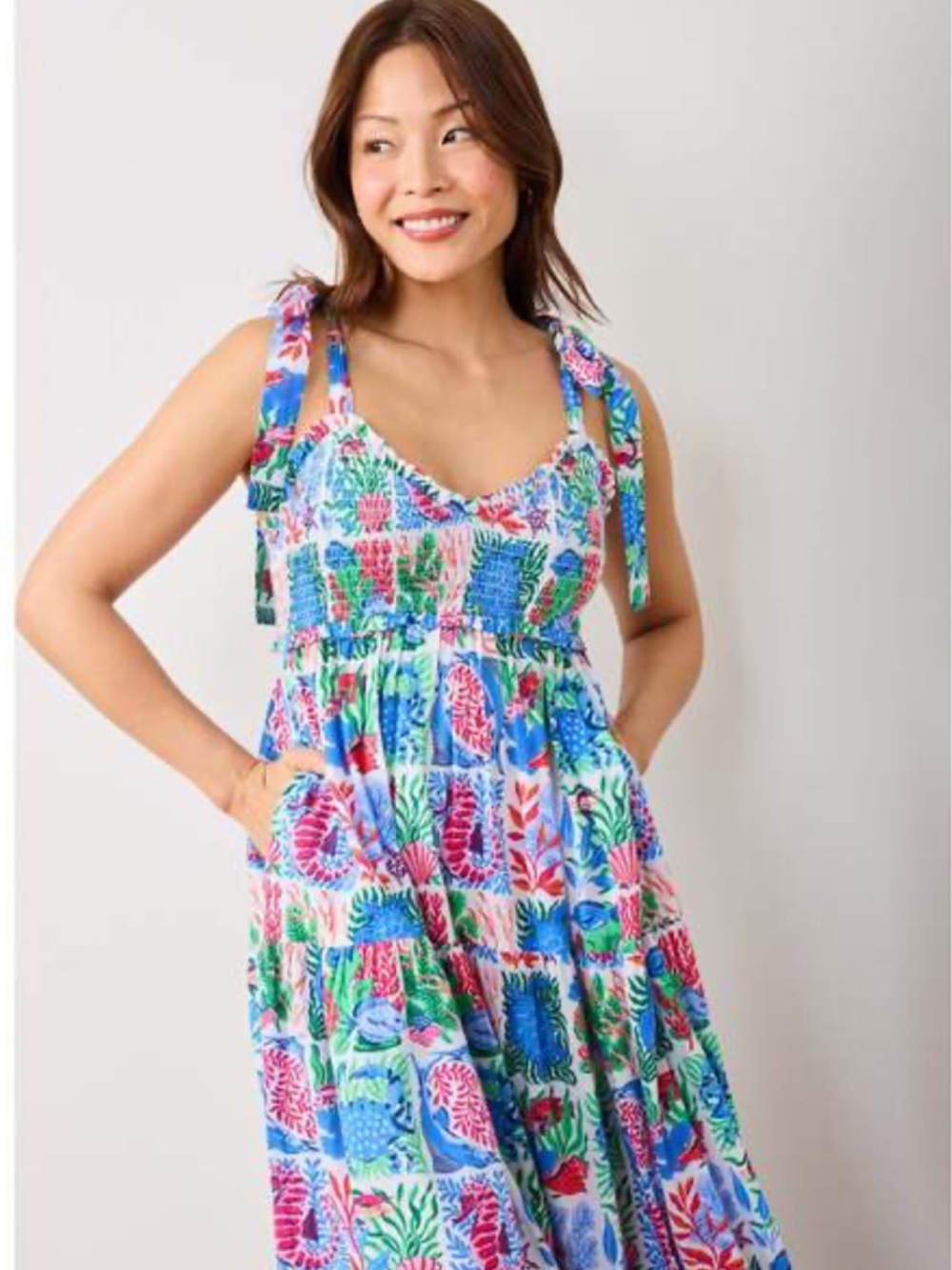 Printfresh cotton sea siren maxi dress smocked bodice tiered skirt beach NWT LG - Picture 3 of 7